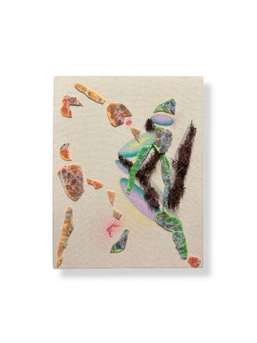Abstract collage art with colorful fragmented shapes on a neutral canvas.