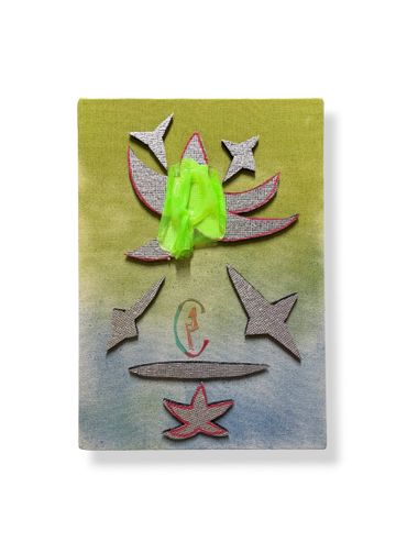 Abstract mixed-media artwork with textured shapes and bright green fabric on a gradient background.