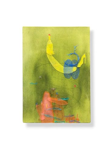 Abstract artwork with yellow, blue, and red shapes on a green background.