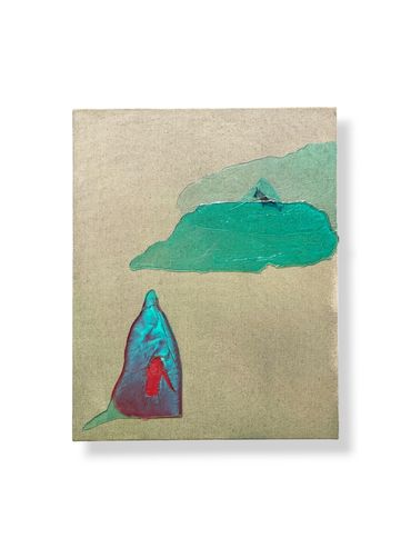 Abstract art with teal and red shapes on a beige background.