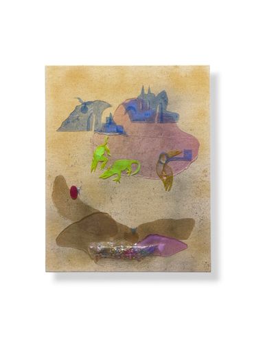 Abstract painting with colorful shapes on a textured beige background.