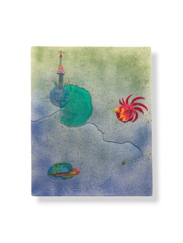 Abstract artwork with colorful shapes on a textured background.