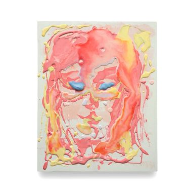 Abstract portrait with vibrant pink, yellow, and blue paint textures on canvas.