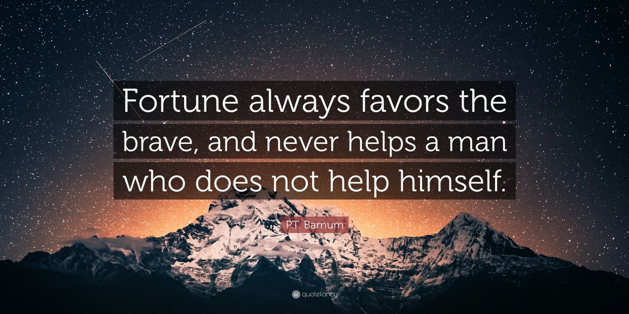 Quote on bravery and self-help over a starry mountain backdrop.
