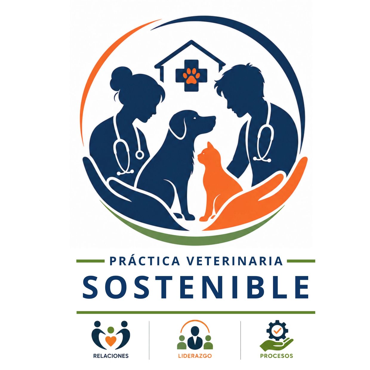 Logo representing sustainable veterinary practice with vets, dog, and cat.