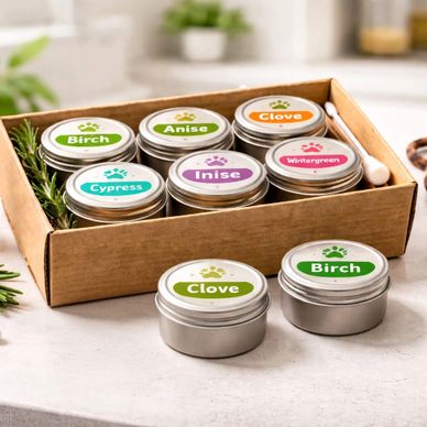 Set of aromatic tins labeled with various scents like Birch, Anise, and Clove organized in a cardboard box.