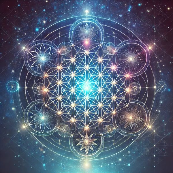 Illuminated sacred geometric pattern with stars.