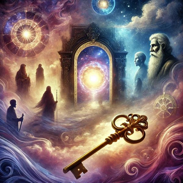 Mystical key and portal with ethereal figures and cosmic lights.