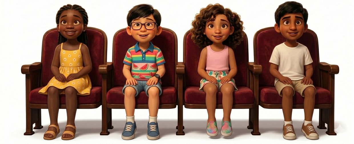 Four animated children sitting on red theater seats, smiling and looking forward.