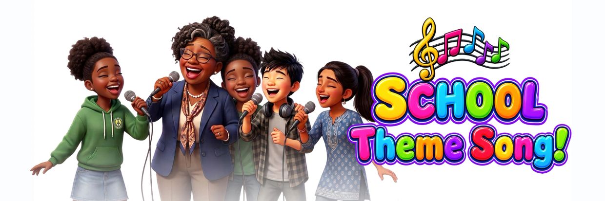 Group happily singing school theme song with colorful text.