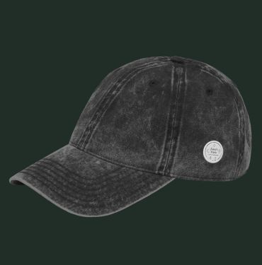 Distressed black baseball cap with a small round metal emblem on the side.