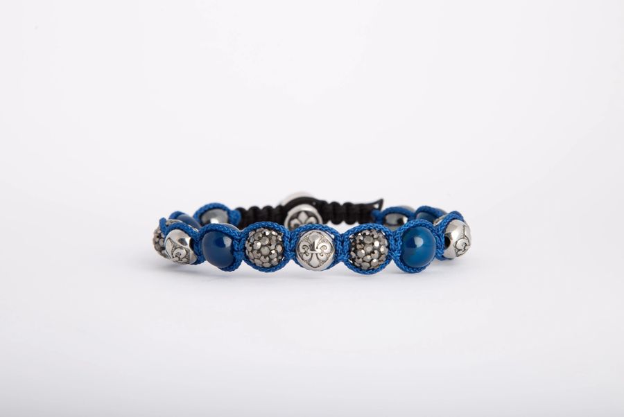 Christian-Rex Macrame Bracelet , Blue Agate, Fleur De Lis & Swarovski  Crystal beads