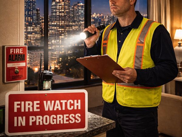 Fire watch personnel inspecting a building with flashlight and clipboard.