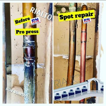 Before-and-after of a pipe repair, showing a damaged and then fixed pipe