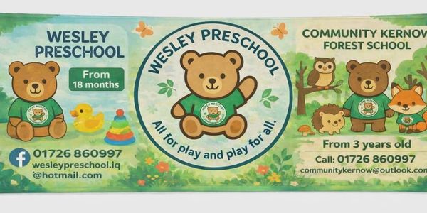 Wesley Preschool and Community Kernow Forest School ad with teddy bear mascot.