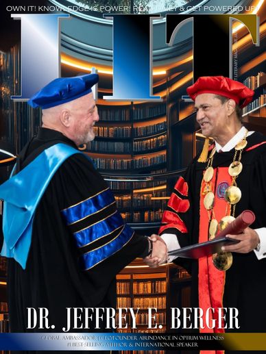 Two distinguished men in academic regalia shaking hands in front of a library backdrop.