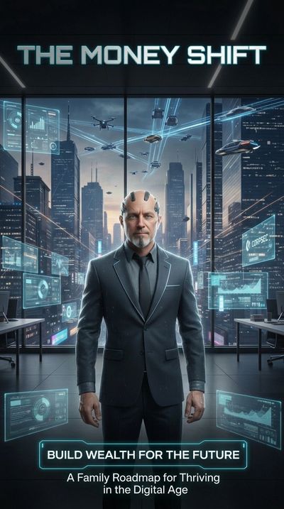 Futuristic businessman in a digital city with the title 'The Money Shift' about building wealth.