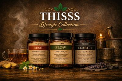 THISSS Lifestyle Collection tea jars with herbs and a steaming cup of tea.