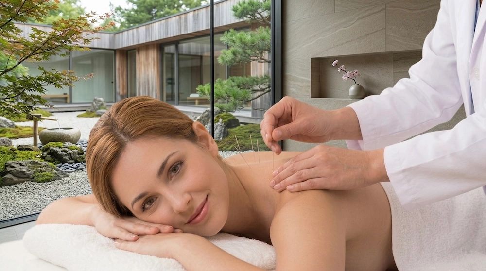 A woman receiving acupuncture in a serene spa setting.