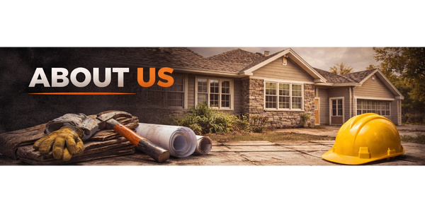 Construction tools and a yellow hard hat in front of a house with 'About Us' text.