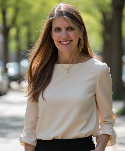 Smiling woman in a cream blouse outdoors with trees in the background.