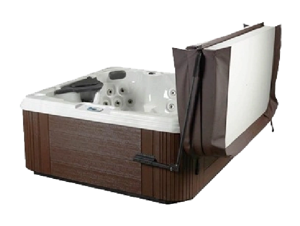 Brown hot tub with a cover
