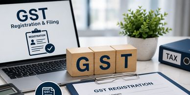 GST registration theme with laptop, blocks, and documents.