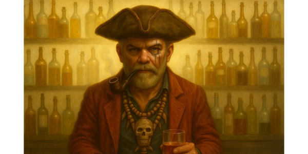 The Captain with tricorne hat smoking a pipe and holding a bourbon.