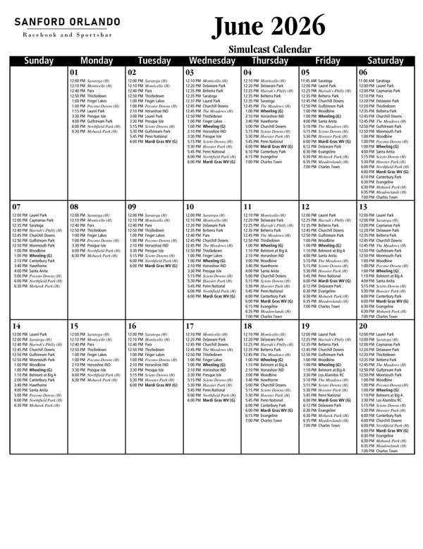Sanford Orlando Racebook and Sportsbar simulcast calendar for June 2026 with detailed daily racing events.