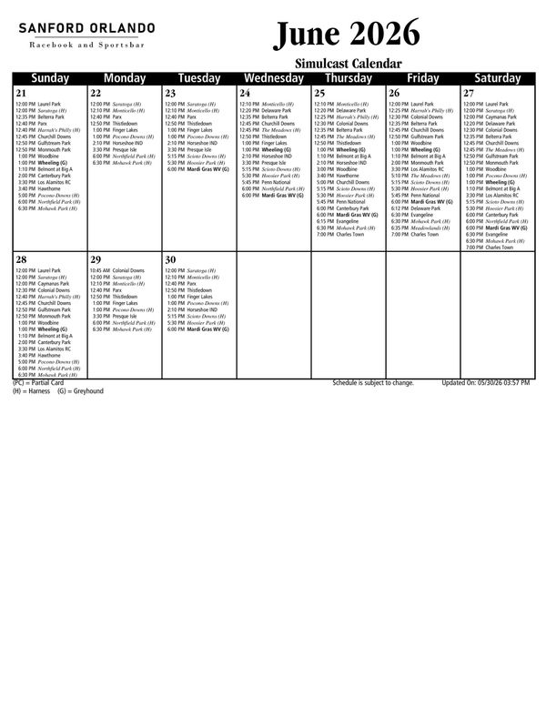 Simulcast calendar for Sanford Orlando Racebook and Sportsbar in June 2026.