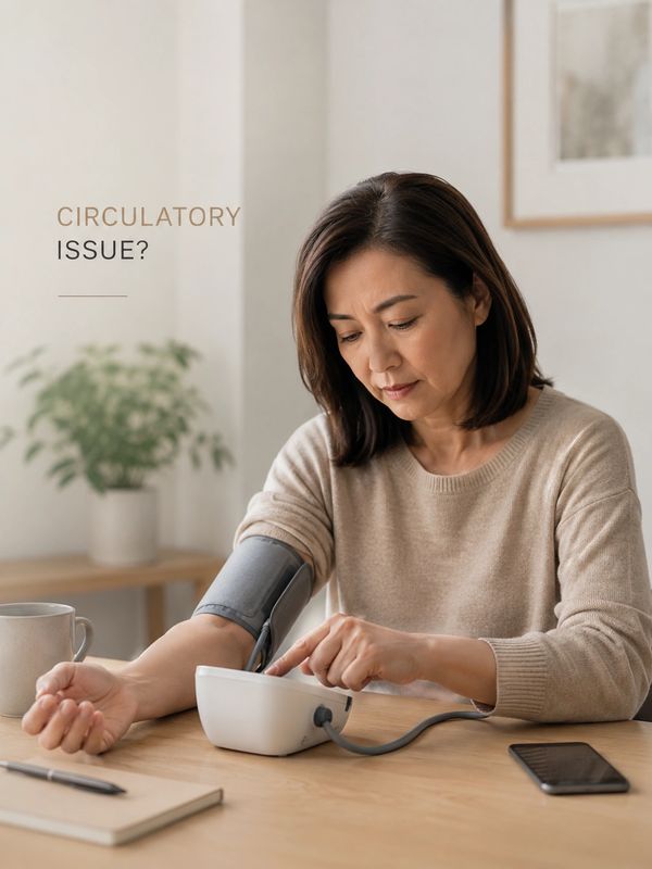Woman checking her blood pressure at home, concerned about circulatory issues.