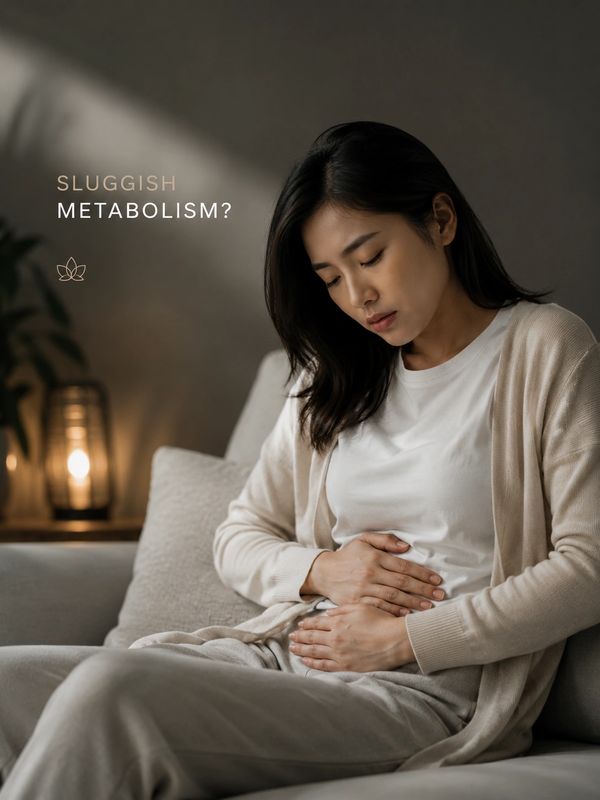 Woman holding stomach, concerned about sluggish metabolism.