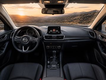 Interior view of a modern Mazda car at sunset in a mountainous area.