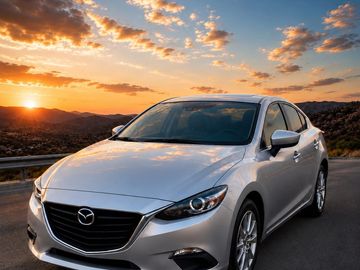 Silver Mazda sedan parked by a scenic sunset road.