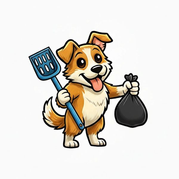 Happy dog holding a blue scoop and a black trash bag.