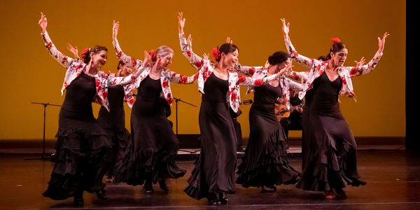 A group of women performing a traditional flamenco dance on stage.