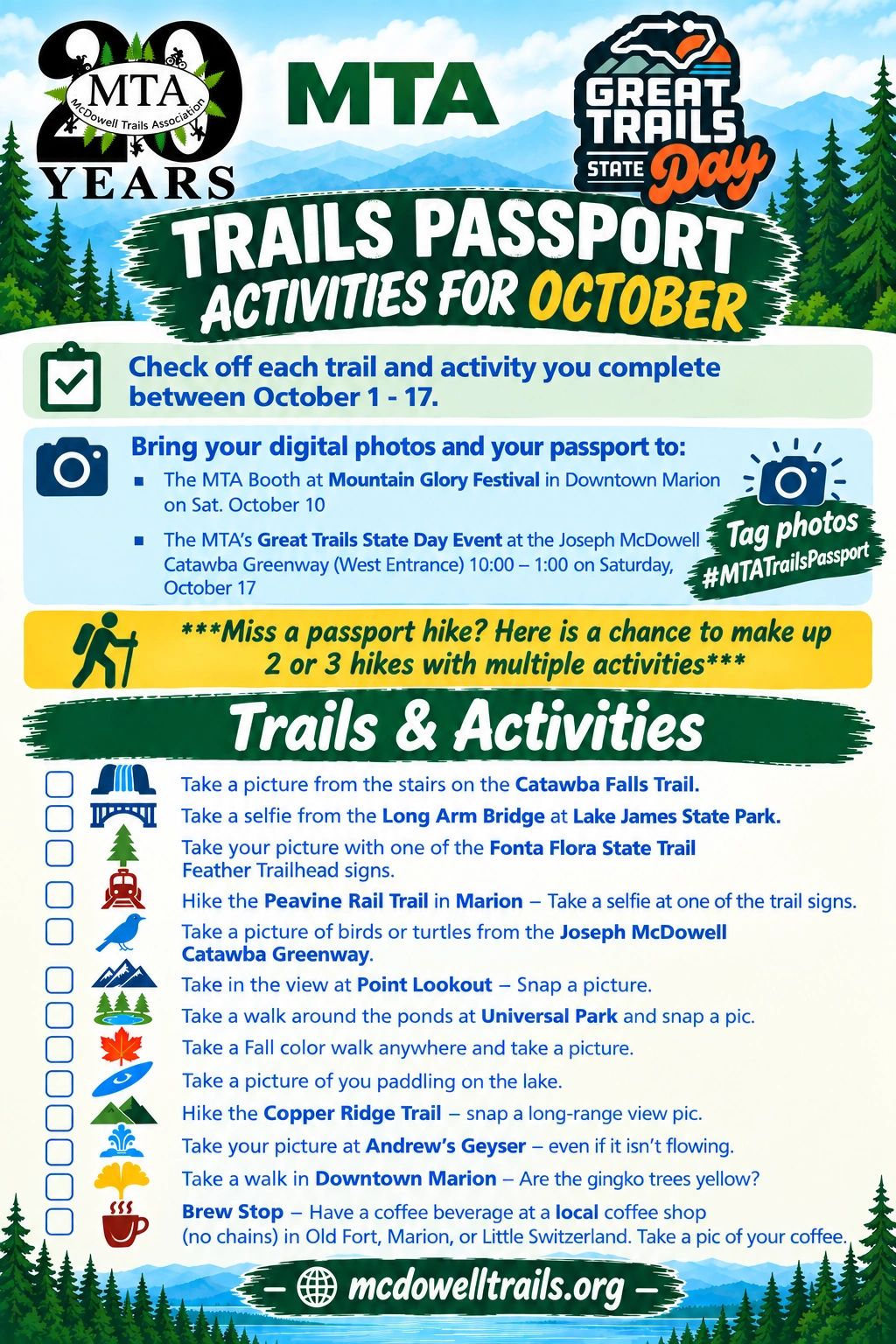 MTA Trails Passport October activities checklist for various hiking and photo spots.