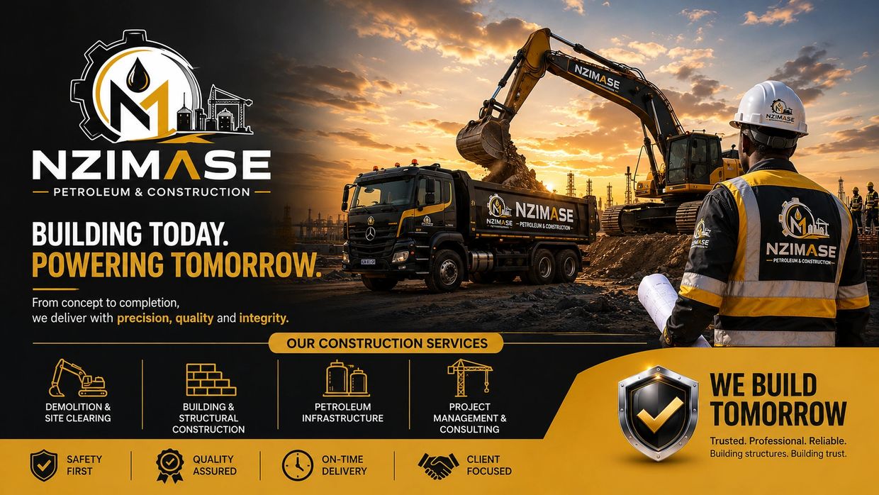 Nzimase Petroleum &amp; Construction team working at a construction site during sunset.