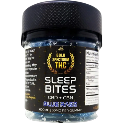 Container of Gold Spectrum THC Sleep Bites Blue Razz CBD + CBN gummies.