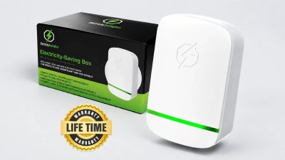 Electricity saving box with lifetime warranty badge.