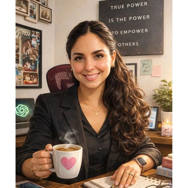 Woman smiling with a coffee cup at her desk.