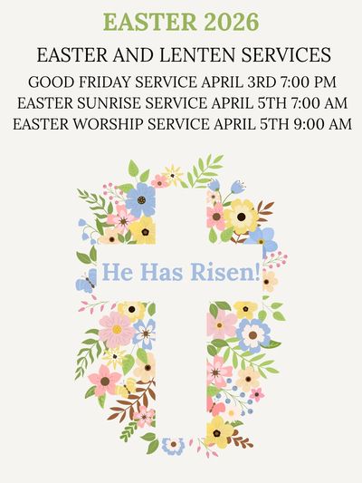 Easter 2026 church services announcement with floral cross.