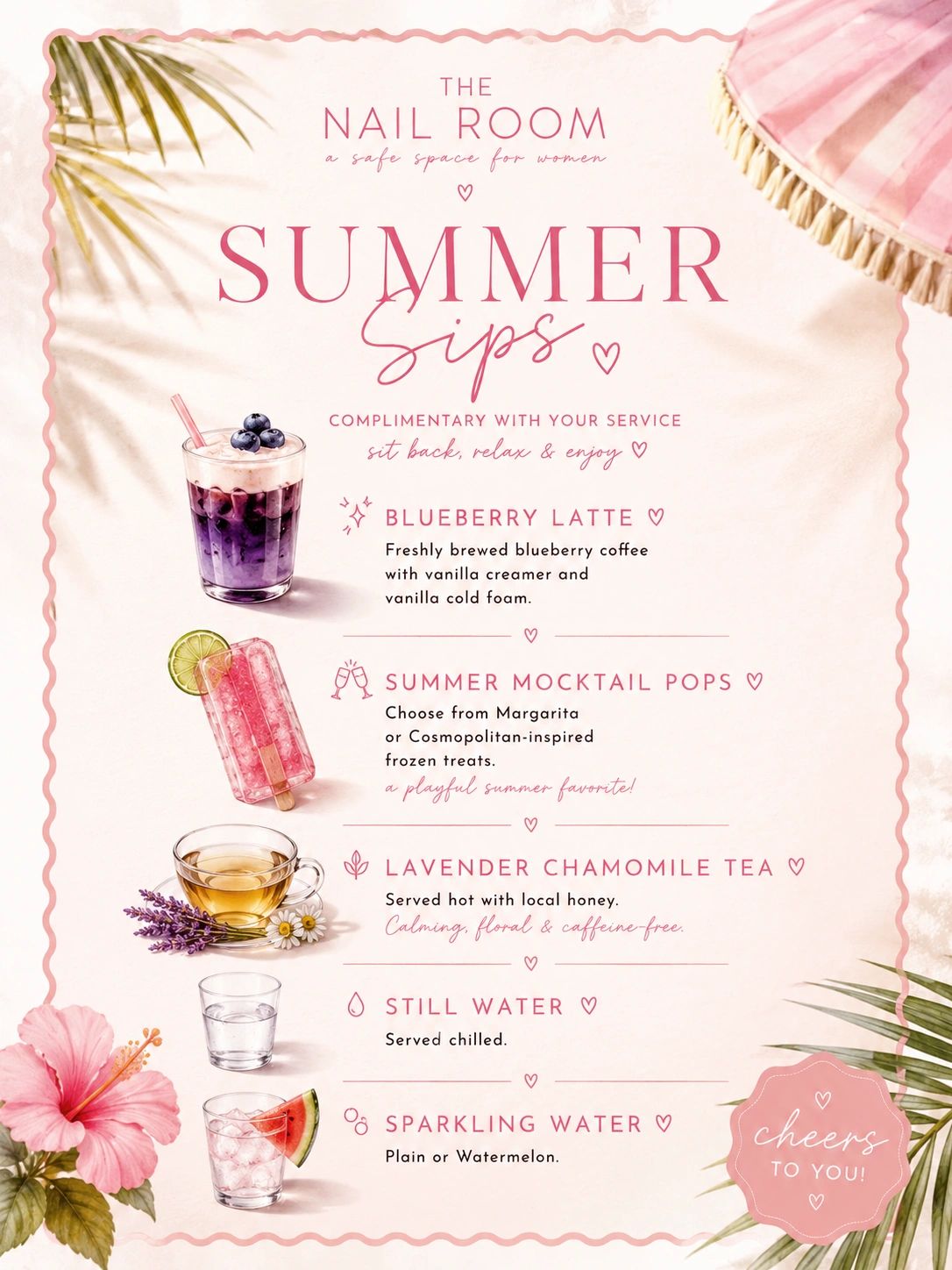 Summer drink menu from The Nail Room for women.
