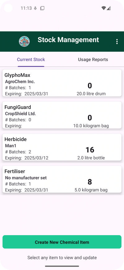 Stock Management page for ChemCheck Android Application