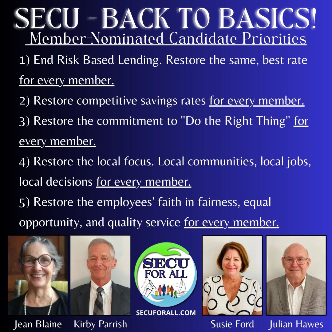 2024 SECU Board Elections.  Member nominated candidates.  Your credit union your vote. SECU For All