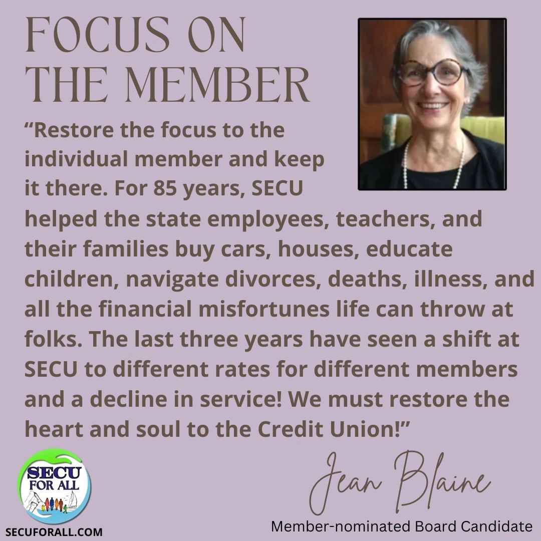 2024 SECU Board Elections member nominated candidate Jean Blaine at your credit union your vote