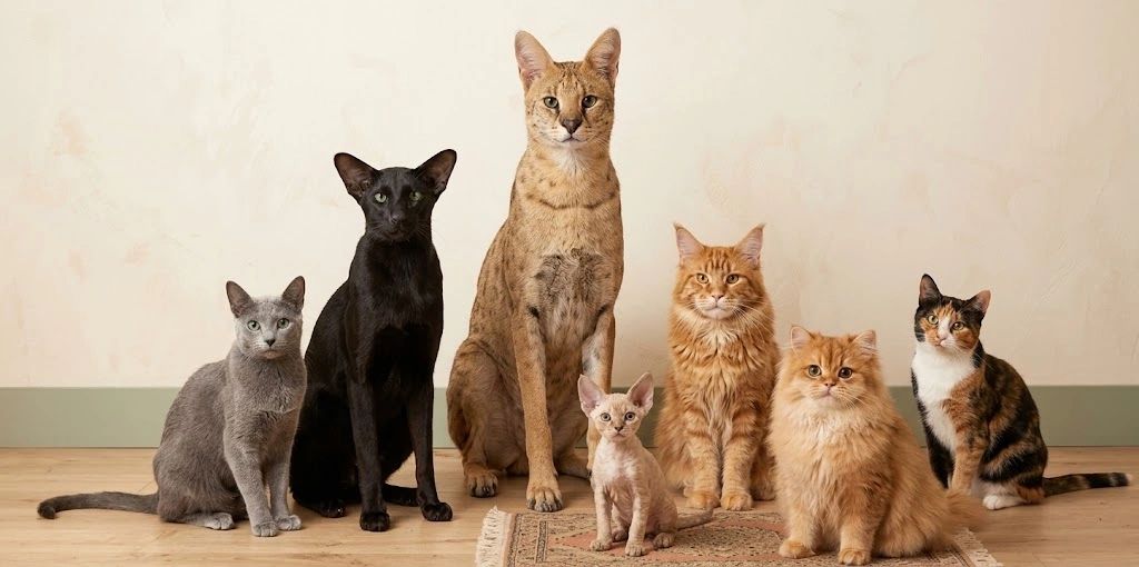 Seven cats of different breeds, sizes, and coat colors sitting together indoors against a neutral ba