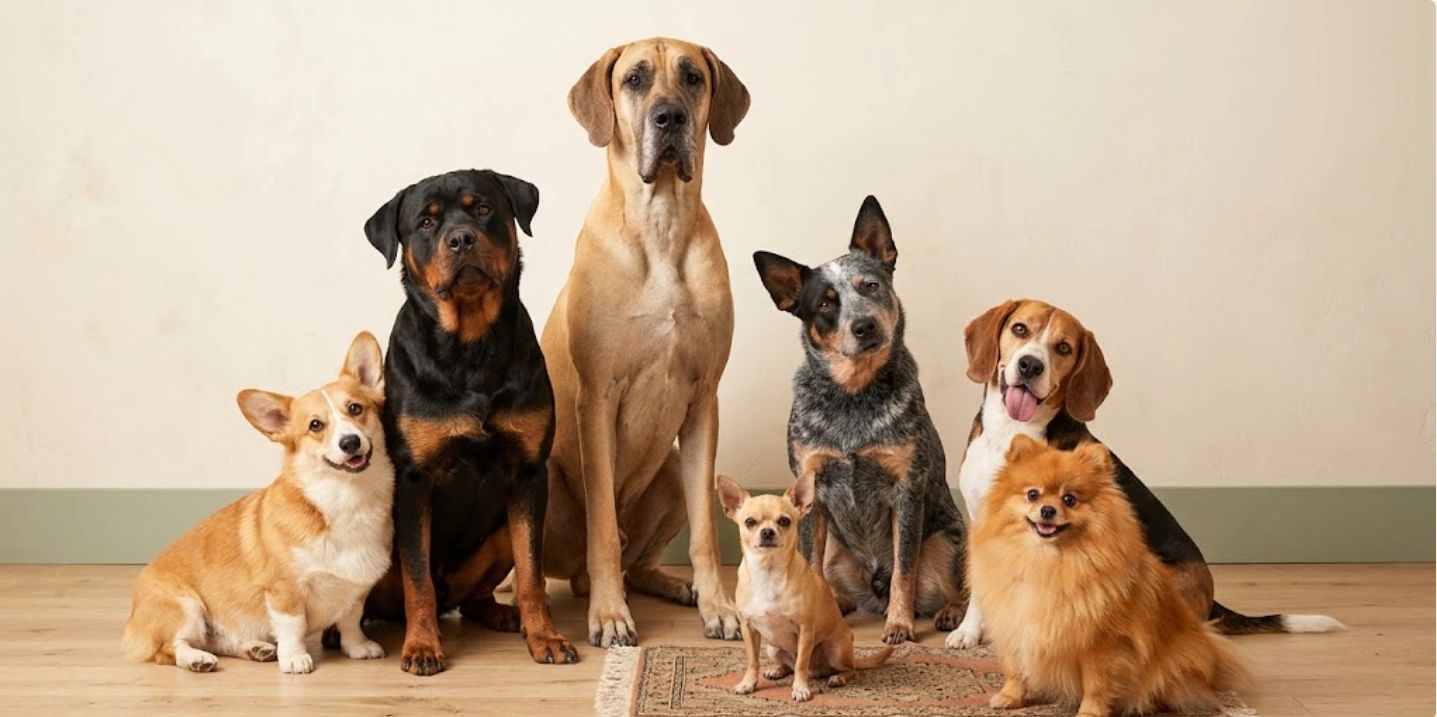 Seven dogs of different breeds and sizes sitting together indoors against a neutral background.