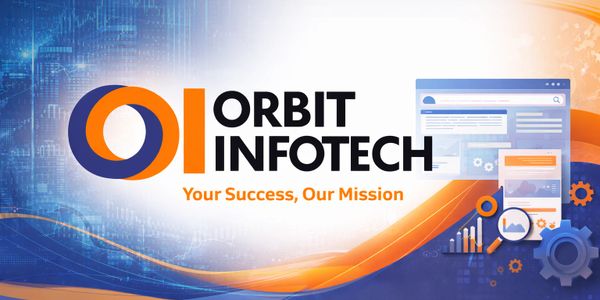 Orbit Infotech logo with tagline and digital background.
