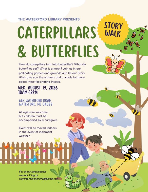 Library story walk event about caterpillars and butterflies on August 19, 2026.